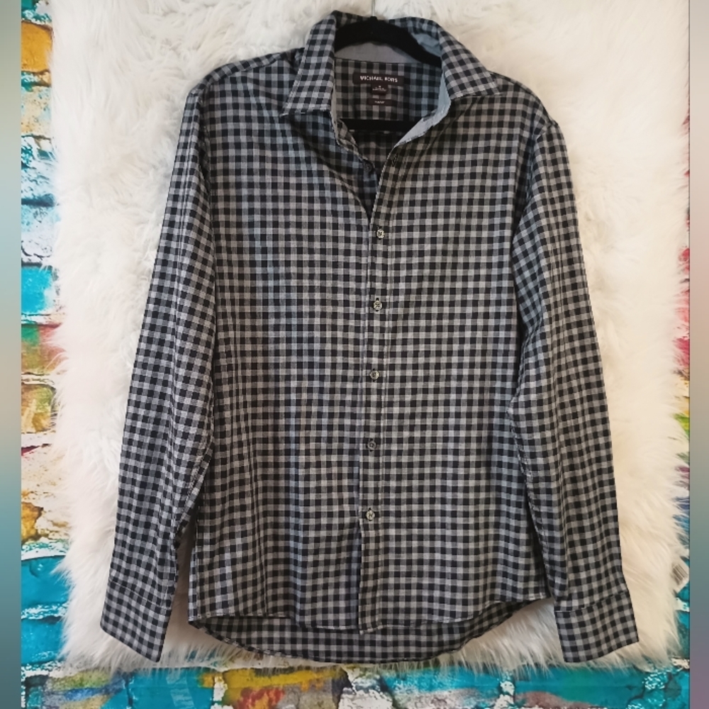 Michael Kors Black and Gray Checkered Long Sleeve Button Down Shirt Size M